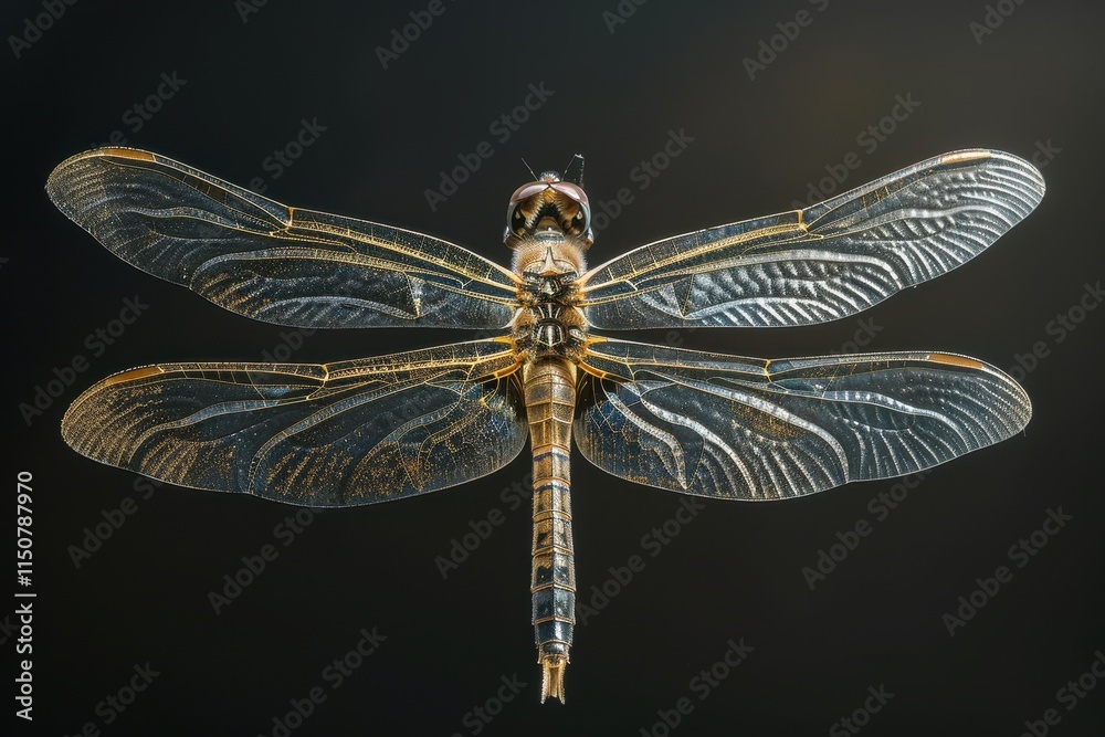Aufkleber Captivating close-up of a dragonfly showcasing its intricate wings and body structure against a dark background in a studio setting