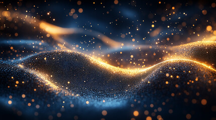 Obraz premium An abstract navy blue backdrop with swirling gold foil textures and festive golden lights. The glowing particles add depth and sophistication to the holiday theme.