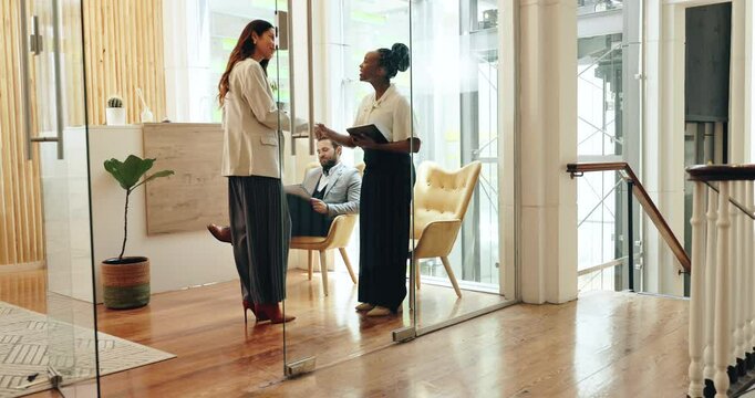 Handshake, business and women greeting in office lobby for introduction, welcome or interview in waiting room. Shaking hands, hr or meeting for hiring, recruitment offer or collaboration opportunity