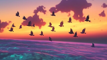 Obraz premium Birds fly over colorful ocean sunset.