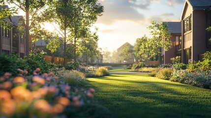 Obraz premium Serene Pathway Through Lush Landscape and Homes