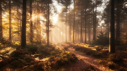 Obraz premium Sunbeams illuminate autumnal forest path.