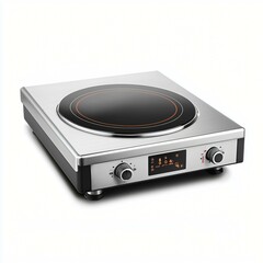 Fototapeta premium Electric hot plate with a polished surface, centered on a seamless white background for commercial use.