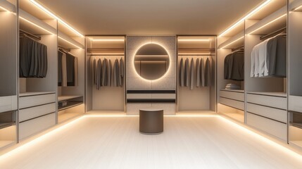 Modern Walk-in Closet with Warm Lighting