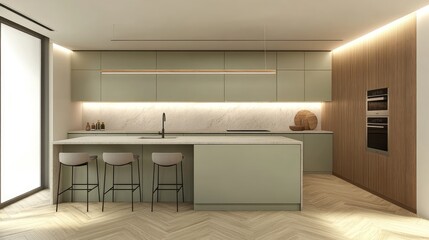 Modern Kitchen with Green Cabinets and a Wood Backsplash