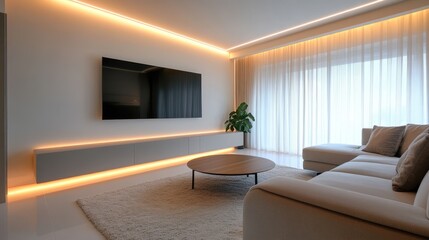Modern Living Room with White Sofa and LED Lighting