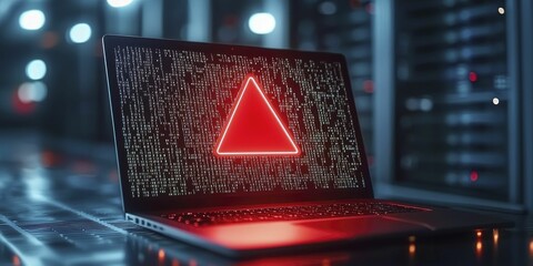 Laptop screen displaying red triangle in closeup view with modern technology concept.