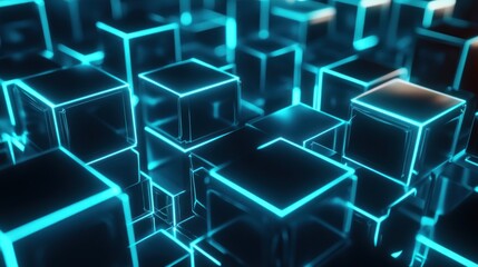 Abstract 3D Cubes with Glowing Blue Lines
