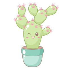 Cute Cactus With Little Pink Flower in Blue Pot. Simple House Plant Cacti Illustration.