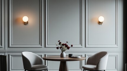 Minimalist Dining Room Interior with White Walls and a Wooden Table