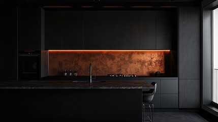 Modern Black Kitchen with Copper Backsplash