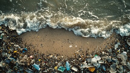 Ocean shoreline littered with plastic waste showing waves and sand, highlighting the impact of environmental pollution and the importance of ecology