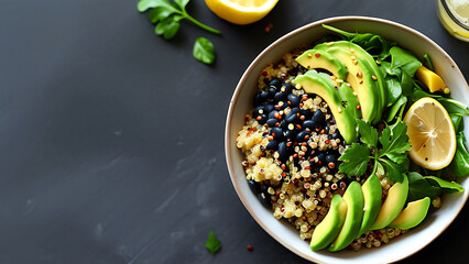 Delicious and healthy quinoa bowl with avocado, black beans, and spinach.  Concept of clean eating, vegan food, and healthy lifestyle.
