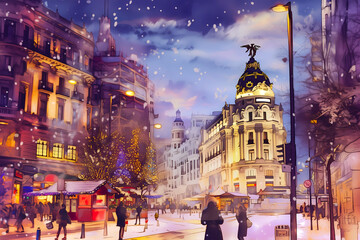Obraz premium Artwork of landmark of Madrid , city of Spain at christmas winter. Poster illustration of snowy travel print canvas retro art. AI