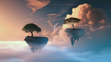 Floating islands with trees in a fantasy sky, a surreal fairy tale for adults