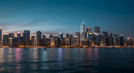 Fototapeta premium A panoramic view of a city skyline at dusk with glowing lights reflecting on the water