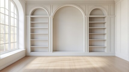 Empty Room with Arched Bookcases and a Window