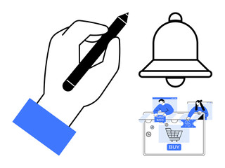 Digital hand holding a pen, notification bell, and online shopping with cashback and discount offers. Ideal for e-commerce, digital marketing, notifications, shopping, mobile apps, user interface