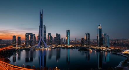Obraz premium A panoramic view of a city skyline at dusk with glowing lights reflecting on the water