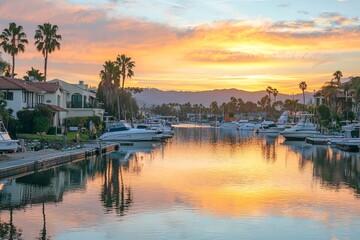 Obraz premium Quiet bay reflecting the vibrant colors of sunset.