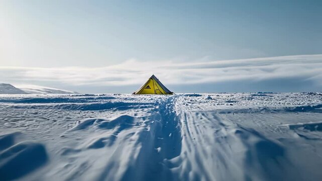 A frozen wasteland stretching out as far as the eye can see with a lone research tent standing in the center.