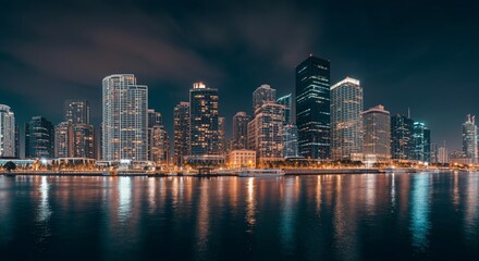 Naklejka premium A panoramic view of a city skyline at dusk with glowing lights reflecting on the water