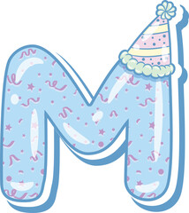 Happy Birthday English alphabet letter M in cute pastel coloring with a party hat