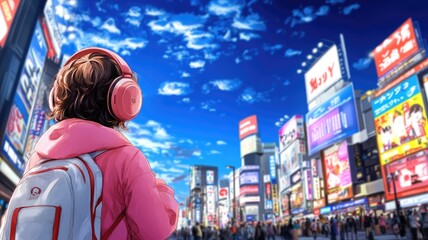 Obraz premium Person with headphones and backpack looking at bright cityscape under clear sky