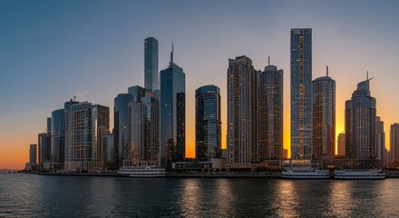 Fototapeta premium A panoramic view of a city skyline at dusk with glowing lights reflecting on the water