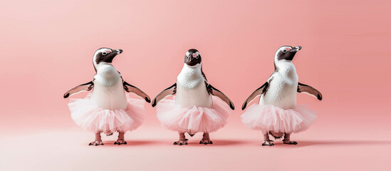 Funny penguins performing ballet on pink background