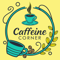 Caffeine Corner Logo: A vibrant logo design featuring a teal coffee cup, coffee beans, and stylized leaves within a circular frame, perfect for a coffee shop or cafe.