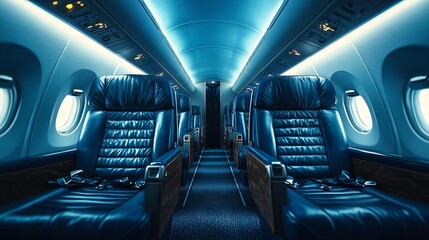 Modern Jet Interior with Blue Lighting and Leather Seats
