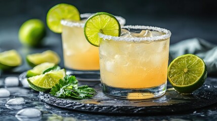 Fototapeta premium Two refreshing cocktails with lime, served on a slate tray, perfect for a summer gathering.