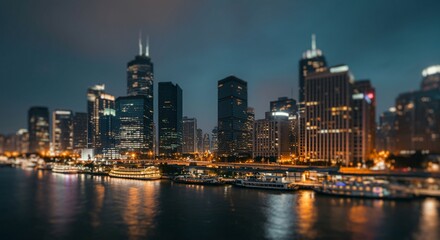 Fototapeta premium A panoramic view of a city skyline at dusk with glowing lights reflecting on the water