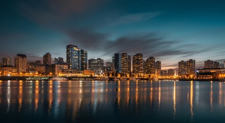Obraz premium A panoramic view of a city skyline at dusk with glowing lights reflecting on the water