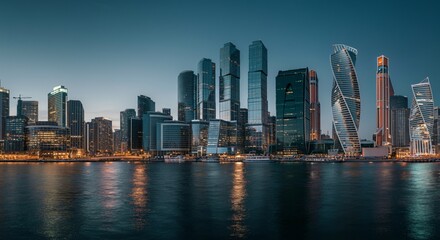 Obraz premium A panoramic view of a city skyline at dusk with glowing lights reflecting on the water