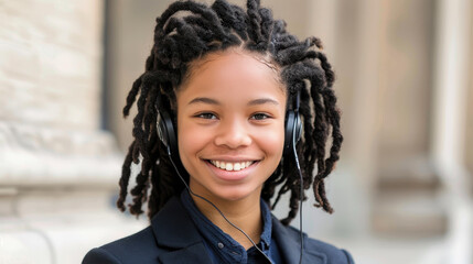 A joyful young woman enjoys music in the city, her wireless headphones complementing her vibrant smile and style.