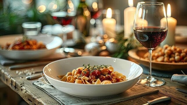 Romantic candlelit dinner with pasta, red wine, and candlelight ambiance.
