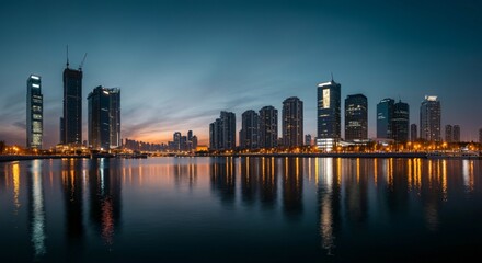 Obraz premium A panoramic view of a city skyline at dusk with glowing lights reflecting on the water