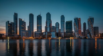 Fototapeta premium A panoramic view of a city skyline at dusk with glowing lights reflecting on the water