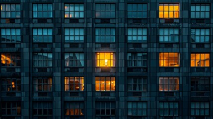 Illuminated Windows in a Dark City Building at Night