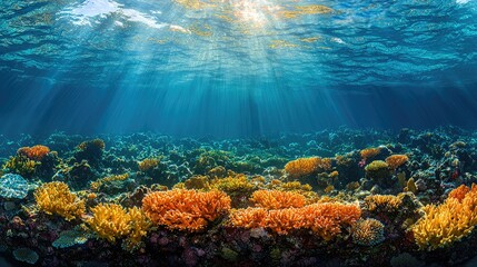 Fototapeta premium Vibrant underwater scene showcasing colorful coral reefs and sunlight filtering through water.