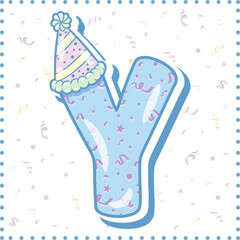Happy Birthday English alphabet letter Y in cute pastel coloring with a party hat