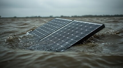 A solar panel partially submerged in turbulent water, highlighting environmental challenges.
