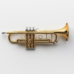 Obraz premium A gleaming brass 3D trumpet with detailed valves and a flared bell, positioned horizontally on a plain white background.