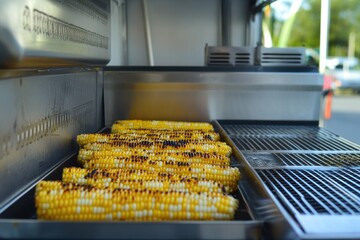 Vibrant Urban Food Truck Scene with Roasted Corn in Neon Lighting, Showcasing a Medium Shot of Delicious Street Food in a Lively Setting
