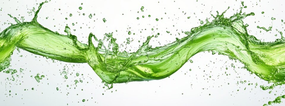 Green splash liquid water tea leaf drop 3d fresh drip. Background splash green plant liquid mint matcha wave apple bubble swirl isolated juice realistic slime leaves drink texture herbal glue flow goo