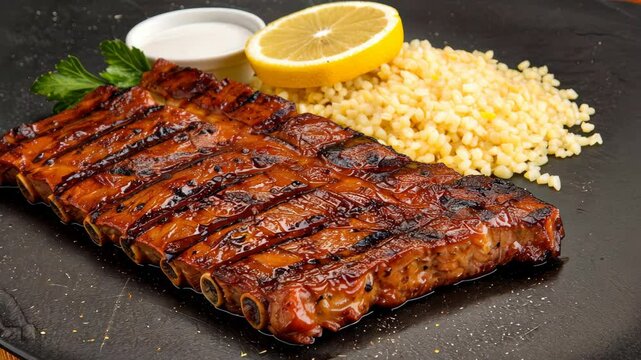 Juicy steak paired with couscous and preserved lemon, set against a sleek backdrop, highlighting Moroccan flavors beautifully.