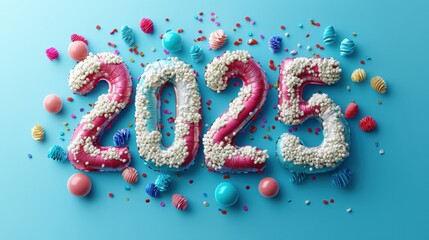 Playful Design of Colorful Number 2025 on Blue Background