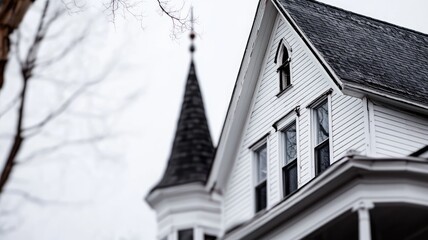 Obraz premium Close-up view of Victorian-style white house with pointed roof and windows